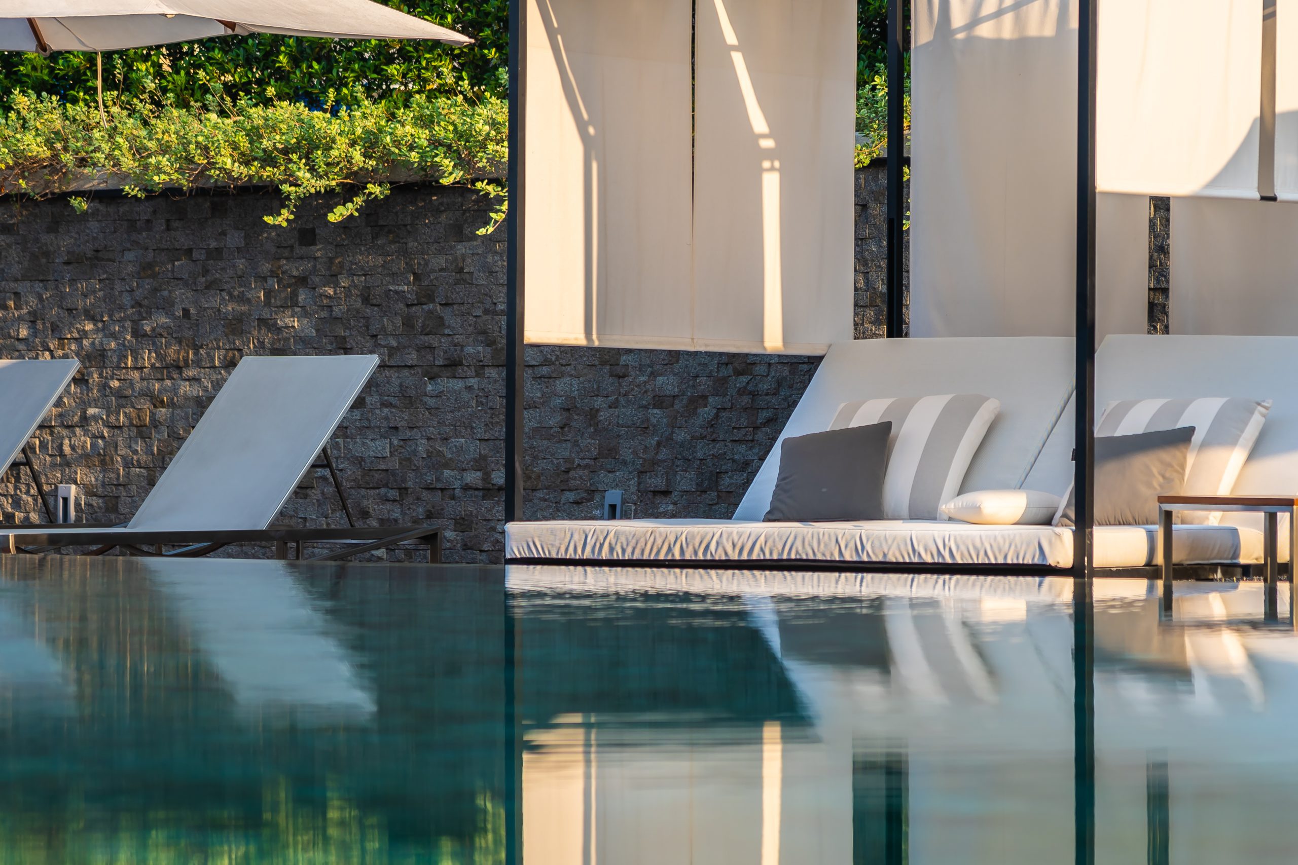 outdoor swimming pool with umbrella