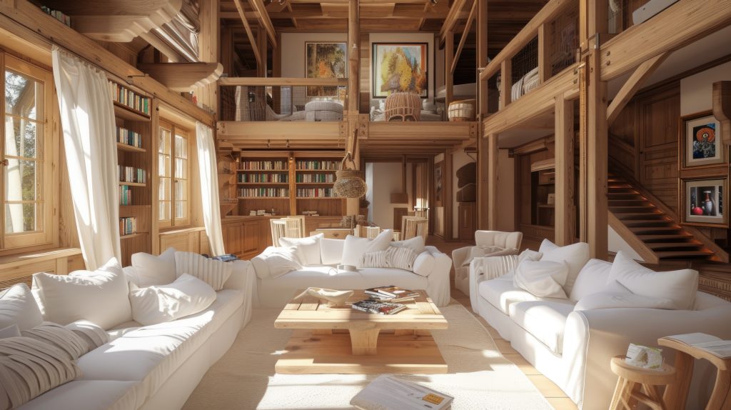 wooden interior with white sofa